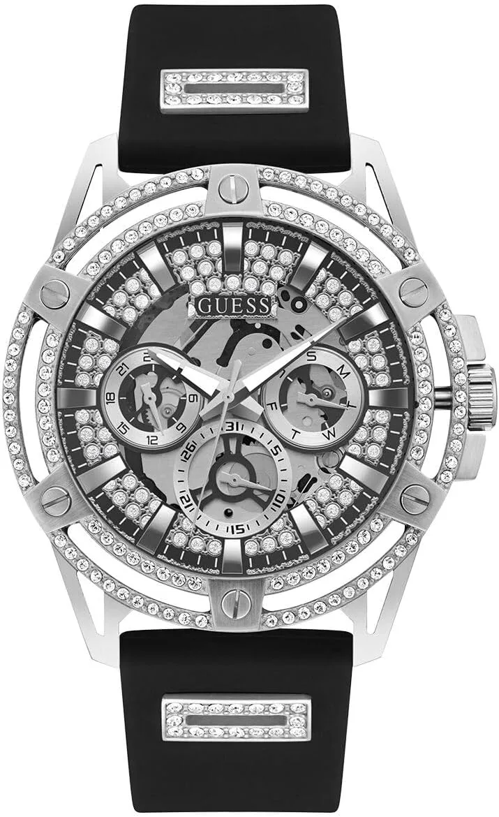 GUESS Mens 48mm Watch - Black Strap Silver Dial Silver Tone Case