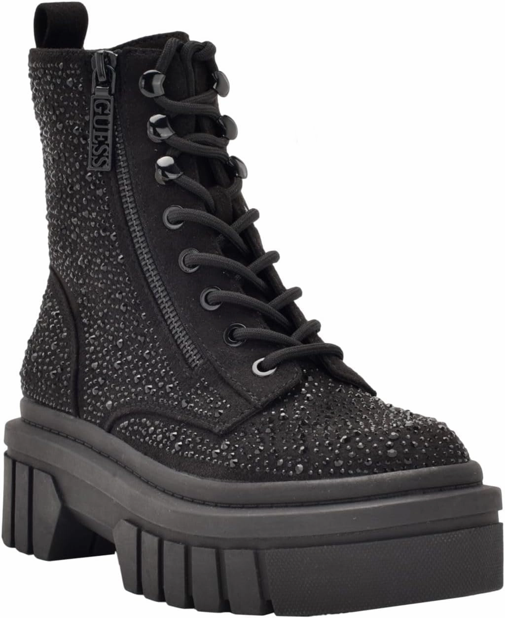 GUESS Womens Black Embellished Lace Ferine Round Toe Block Heel Zip-Up Combat Boots 5 M