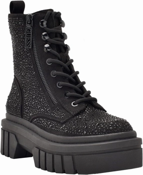 GUESS Womens Black Embellished Lace Ferine Round Toe Block Heel Zip-Up Combat Boots 5 M
