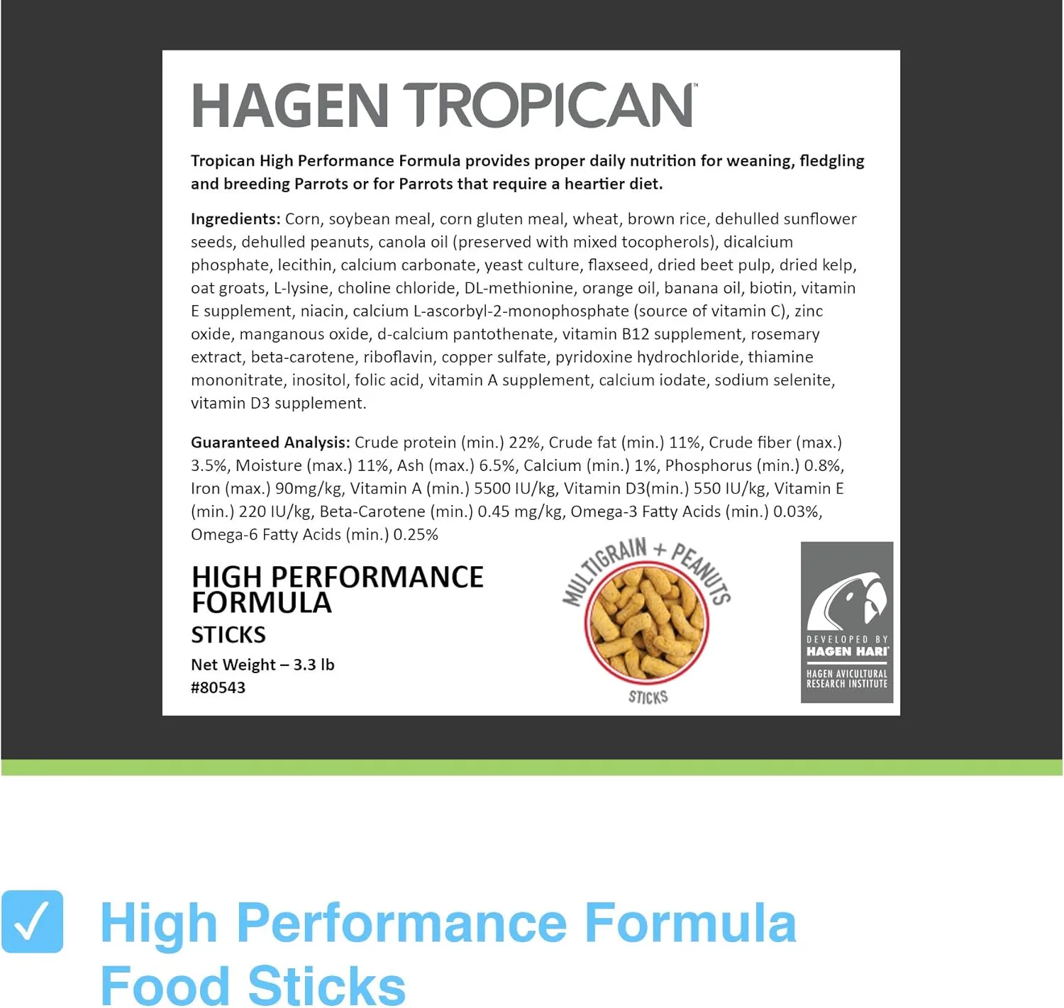 Hagen Tropican High Performance Parrot Food, 3.3 ib Parrot Sticks with Peanuts & Sunflower Seeds and Higher Nutrition Levels