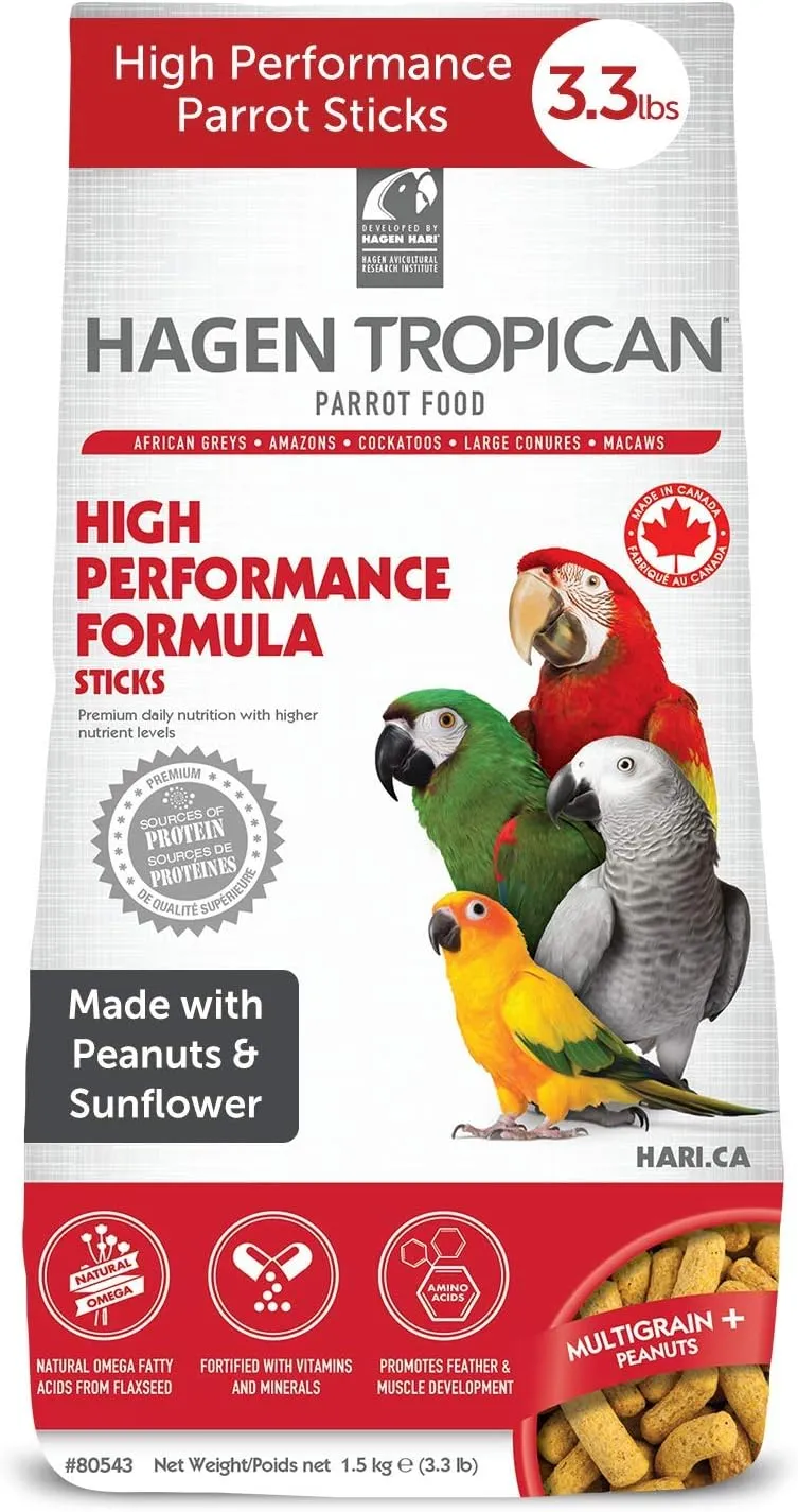 Hagen Tropican High Performance Parrot Food, 3.3 ib Parrot Sticks with Peanuts & Sunflower Seeds and Higher Nutrition Levels