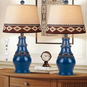 Hamucd Farmhouse Rustic Table Lamps Set of 2 for Living Room,3-Color Temperature Dimmable Southwest Bedroom Nightstand Lamps for Tribal Decor,Native American Bedside Lamp with 2 Bulbs