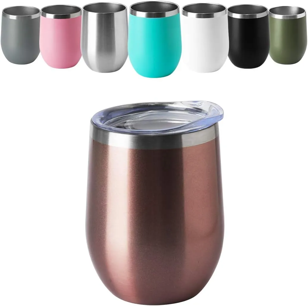 HASLE OUTFITTERS 12oz Wine Tumbler with Lid Stemless Wine Glasses Double Wall Vacuum Travel Mugs stainless steel Coffee Cup for Cold & Hot Drinks Wine Coffee Cocktails Beer 12 Pack Rose Gold