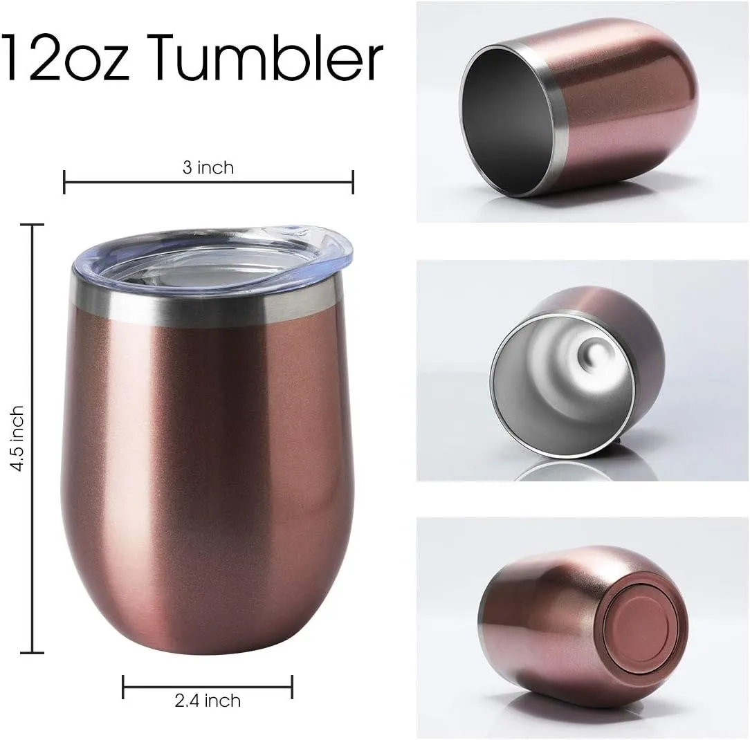 HASLE OUTFITTERS 12oz Wine Tumbler with Lid Stemless Wine Glasses Double Wall Vacuum Travel Mugs stainless steel Coffee Cup for Cold & Hot Drinks Wine Coffee Cocktails Beer 12 Pack Rose Gold