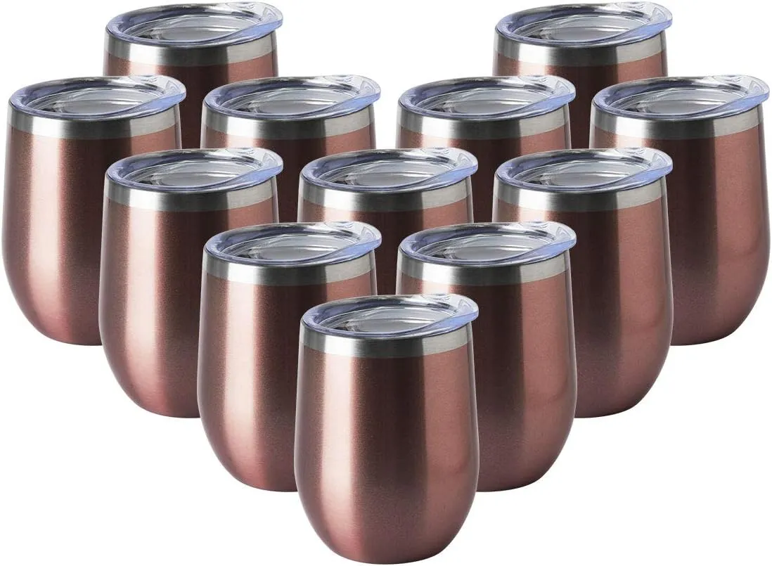 HASLE OUTFITTERS 12oz Wine Tumbler with Lid Stemless Wine Glasses Double Wall Vacuum Travel Mugs stainless steel Coffee Cup for Cold & Hot Drinks Wine Coffee Cocktails Beer 12 Pack Rose Gold