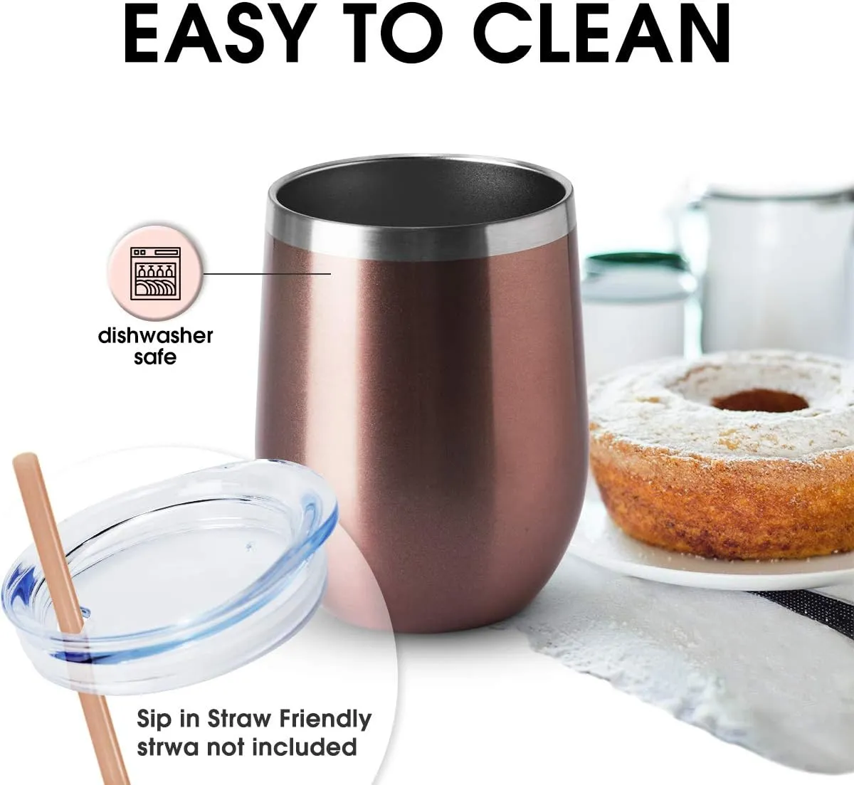 HASLE OUTFITTERS 12oz Wine Tumbler with Lid Stemless Wine Glasses Double Wall Vacuum Travel Mugs stainless steel Coffee Cup for Cold & Hot Drinks Wine Coffee Cocktails Beer 6 Pack Rose Gold