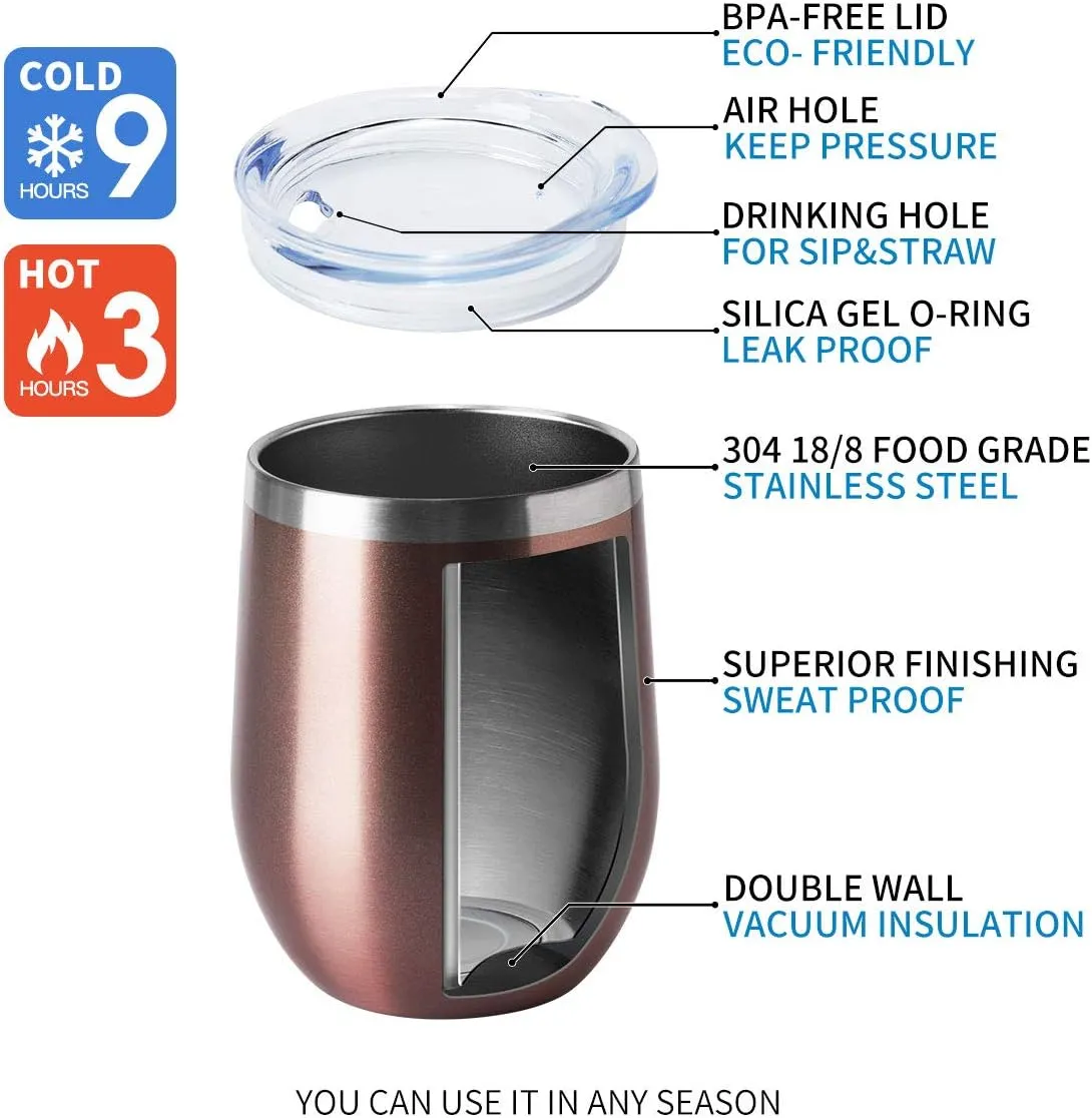 HASLE OUTFITTERS 12oz Wine Tumbler with Lid Stemless Wine Glasses Double Wall Vacuum Travel Mugs stainless steel Coffee Cup for Cold & Hot Drinks Wine Coffee Cocktails Beer 6 Pack Rose Gold