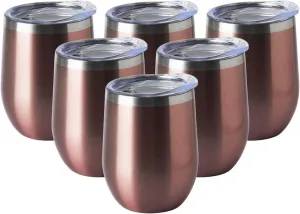 HASLE OUTFITTERS 12oz Wine Tumbler with Lid Stemless Wine Glasses Double Wall Vacuum Travel Mugs stainless steel Coffee Cup for Cold & Hot Drinks Wine Coffee Cocktails Beer 6 Pack Rose Gold