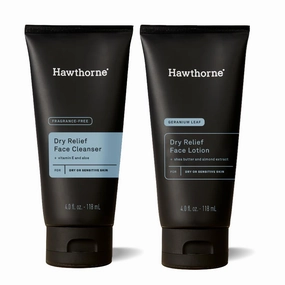 Hawthorne Men's Dry Relief Skincare Set. Ultra Moisturizing Face Cleanser and Lotion For Dry, Sensitive Skin. Calming, Natural Ingredients. Sulfate Free, Paraben Free, Phthalate Free. 4 Fl. Oz. Each.