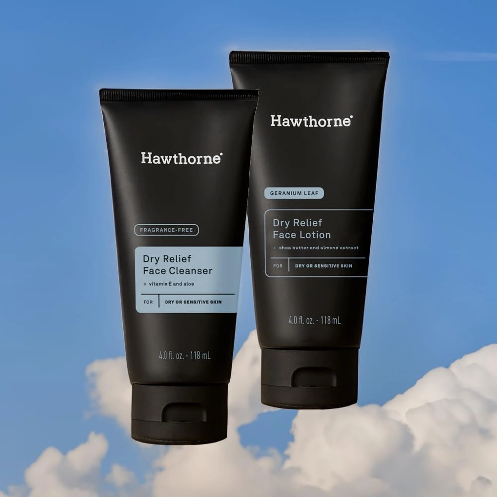 Hawthorne Men's Dry Relief Skincare Set. Ultra Moisturizing Face Cleanser and Lotion For Dry, Sensitive Skin. Calming, Natural Ingredients. Sulfate Free, Paraben Free, Phthalate Free. 4 Fl. Oz. Each.