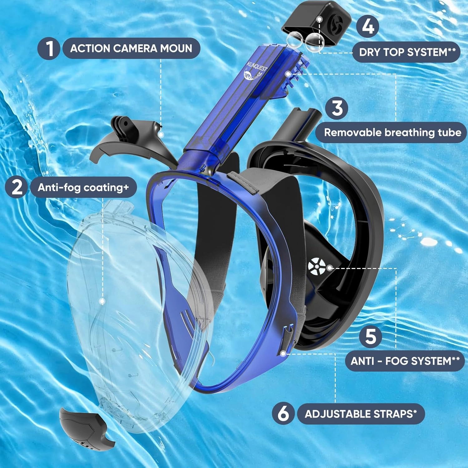 HD Full Face Snorkel Mask, 180° Anti-Fog View, Leak-Proof Snorkeling Gear with Camera Mount for Adults Youth