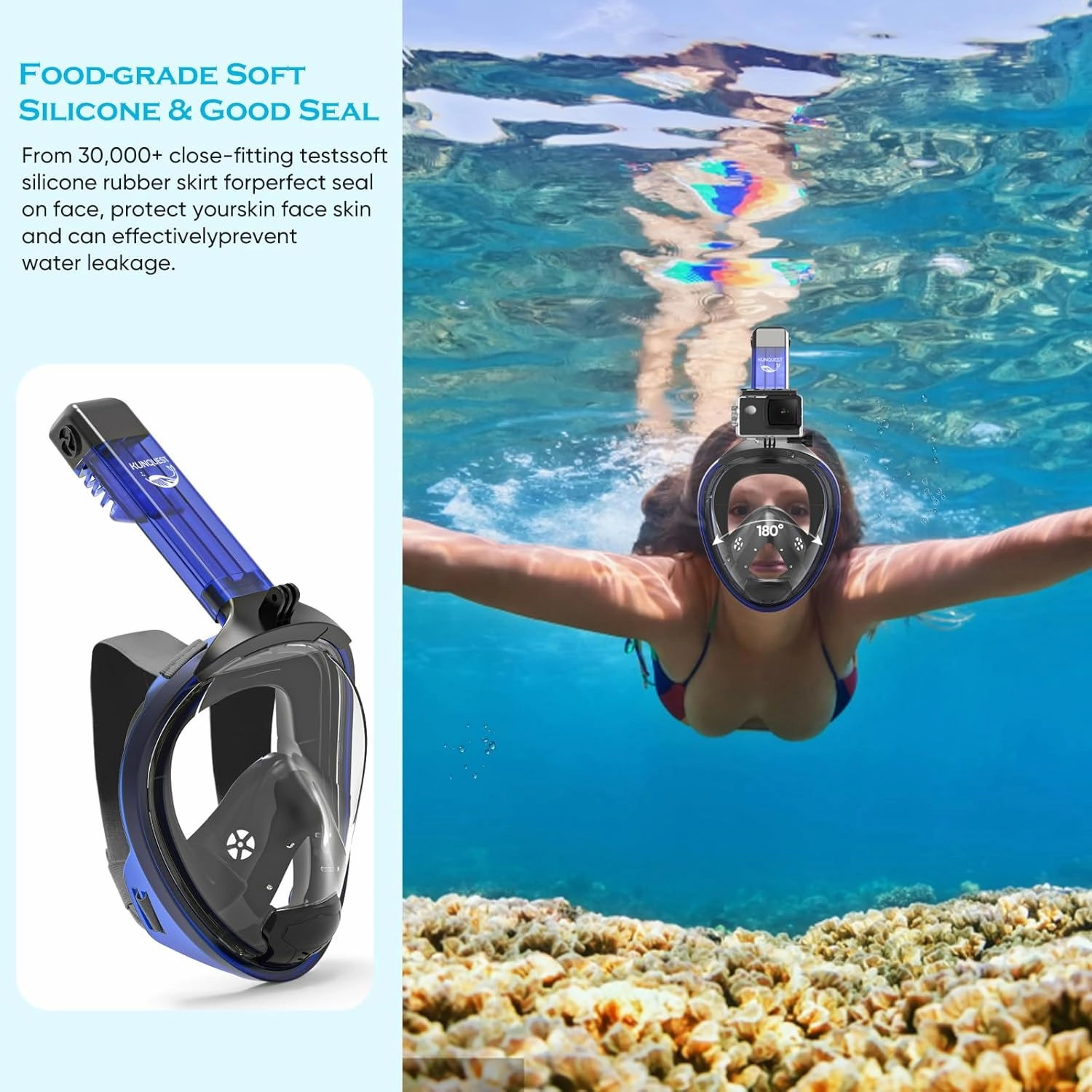 HD Full Face Snorkel Mask, 180° Anti-Fog View, Leak-Proof Snorkeling Gear with Camera Mount for Adults Youth