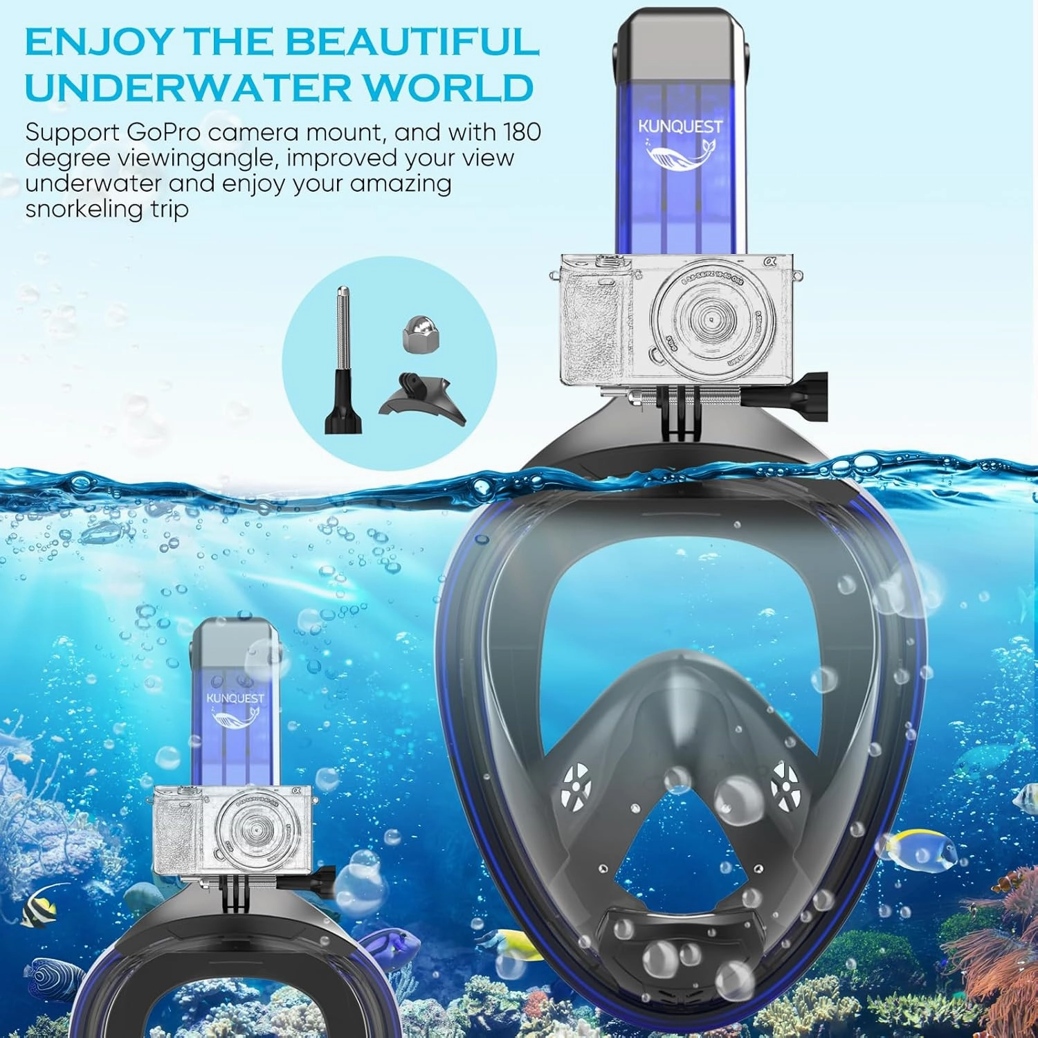 HD Full Face Snorkel Mask, 180° Anti-Fog View, Leak-Proof Snorkeling Gear with Camera Mount for Adults Youth