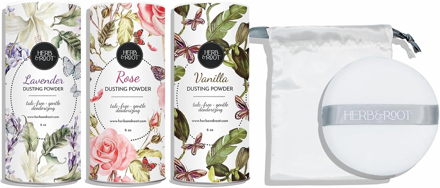 Herb & Root Talc-Free Body Powder Gift Set (Oprah's Favorite Things): Lavender, Rose, Vanilla Scents with Puff - Organic Arrowroot, Cornstarch, Dusting & Foot Powder for Women & Men
