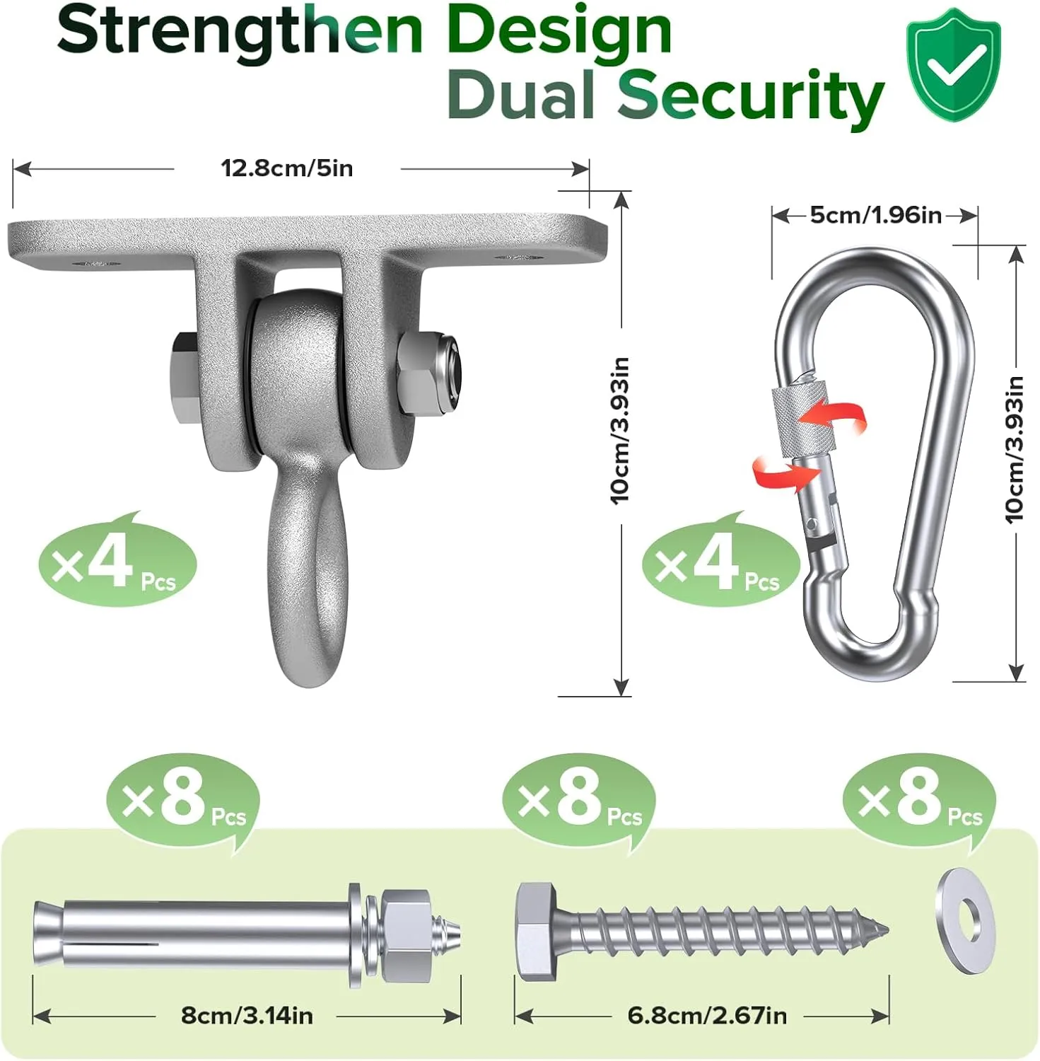 Highpro Swing Hangers for Wooden Sets Pack of 4 Heavy Duty Swingset Hardware with Locking Hooks for Porch, Patio, Playground Indoor/Outdoor, Silver