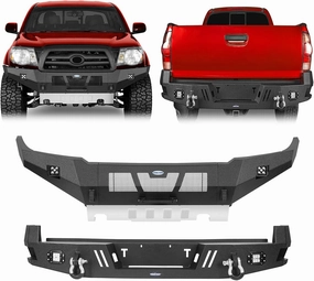 Hooke Road Tacoma Front and Rear Bumper Kit for 2005-2011 Toyota Tacoma Pickup Truck, Full-Width Offroad Steel Bumpers with Skid Plate, LED Lights and D-Ring Mounts