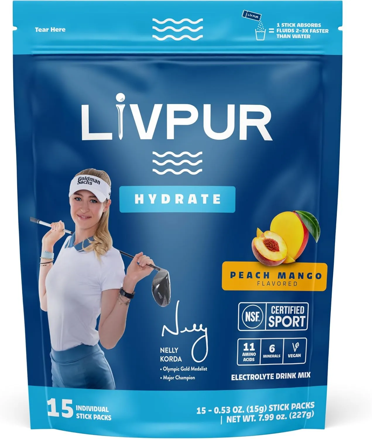 Hydrate Hydration Powder w/Electrolytes | Essential Amino Acids & Nutrients | NSF Certified for Sport, No Artificial Flavors | Easy Single-Serve Sticks | Peach Mango, 15 Sticks