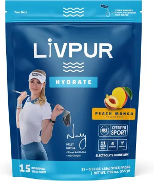 Hydrate Hydration Powder w/Electrolytes | Essential Amino Acids & Nutrients | NSF Certified for Sport, No Artificial Flavors | Easy Single-Serve Sticks | Peach Mango, 15 Sticks
