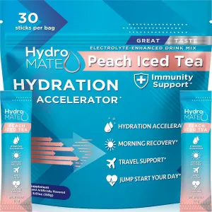 HydroMATE Electrolytes Powder Low Sugar - 30 Count Peach Tea Instant Hydration Packets with Vitamin C to Boost Energy - Low Sugar Electrolytes Powder Packets to Support Hydration Fast Party Recovery