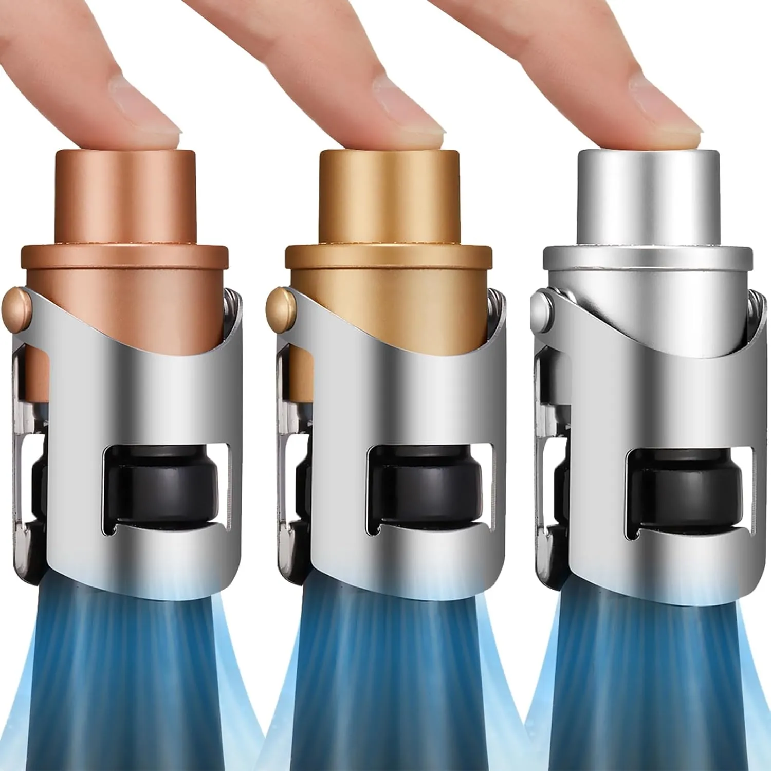 HYZ 3-Pack Champagne Stoppers Wine Saver, Sparkling Wine Vaccum Stoppers with Built-in Pump for Champagne, Prosecco and Cava - Stainless Steel   ABS Champagne Bottle Stoppers, Rose Gold/Gold/Silver