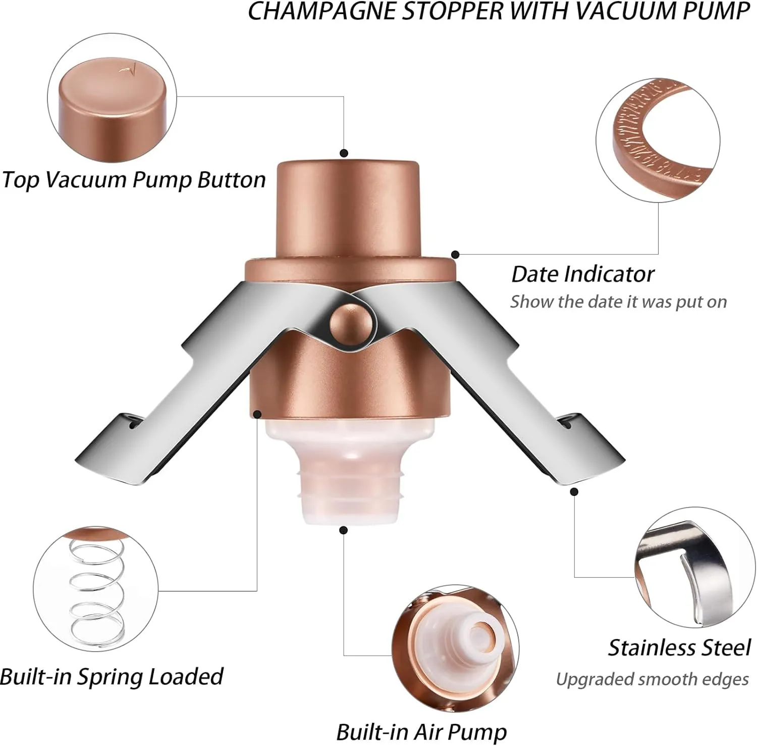 HYZ 3-Pack Champagne Stoppers Wine Saver, Sparkling Wine Vaccum Stoppers with Built-in Pump for Champagne, Prosecco and Cava - Stainless Steel   ABS Champagne Bottle Stoppers, Rose Gold/Gold/Silver