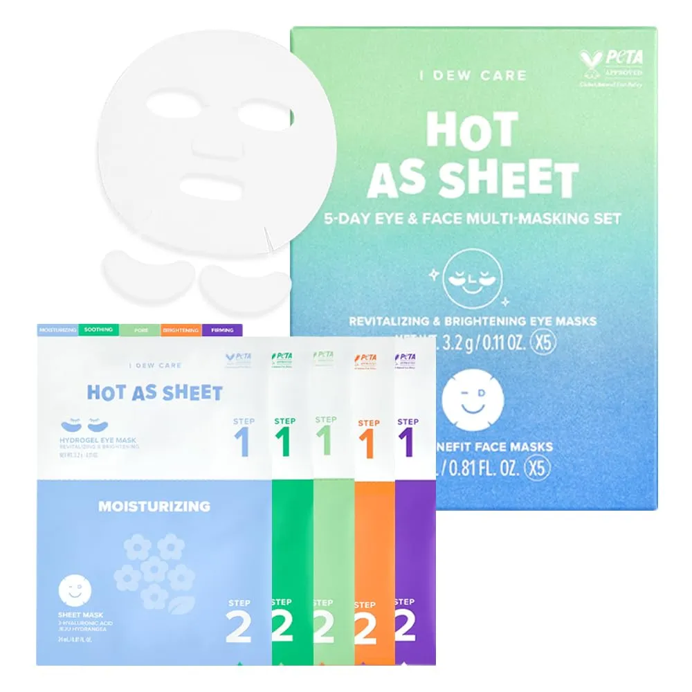 I DEW CARE Glass Skin Face Mask Variety Pack - Hot as Sheet | Korean Face Masks Skincare, 5-Day Eye&Face Multi-masking Set, Moisturizing, Soothing, Pore Tightening, Firming