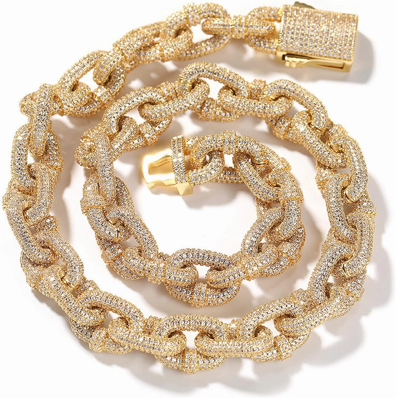 ICEDIAMOND 14mm Iced Out Carabiner Clip Design Rings Heavy Luxury Cuban Chain Necklace, Gold Plated Solid Brass, Prong-set Fully Bright CZ Diamonds, Hip Hop Charm Jewelry for Men