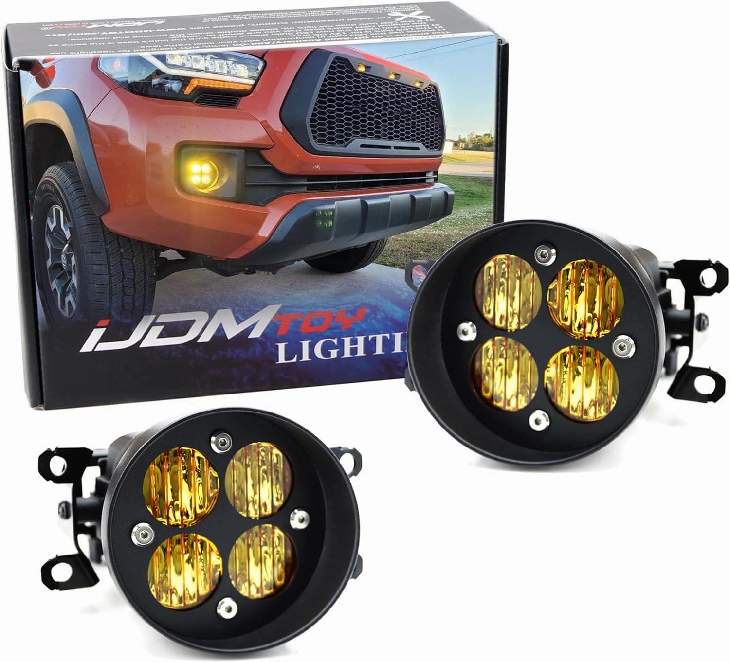iJDMTOY Yellow Lens 24W High Power LED Wide Angle SAE Flood Beam Fog Light Kit w/Built-On Mounting Brackets Compatible With Toyota Tacoma Tundra 4Runner, etc