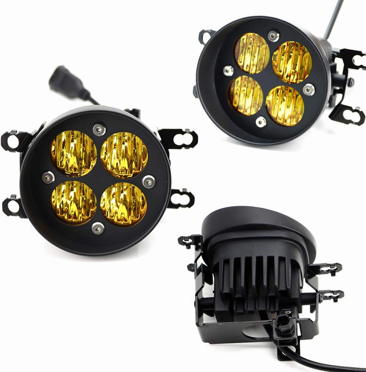 iJDMTOY Yellow Lens 24W High Power LED Wide Angle SAE Flood Beam Fog Light Kit w/Built-On Mounting Brackets Compatible With Toyota Tacoma Tundra 4Runner, etc