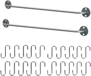 Ikea Steel Kitchen Organizer Set, 2 Rails and 20 Hooks, Silver