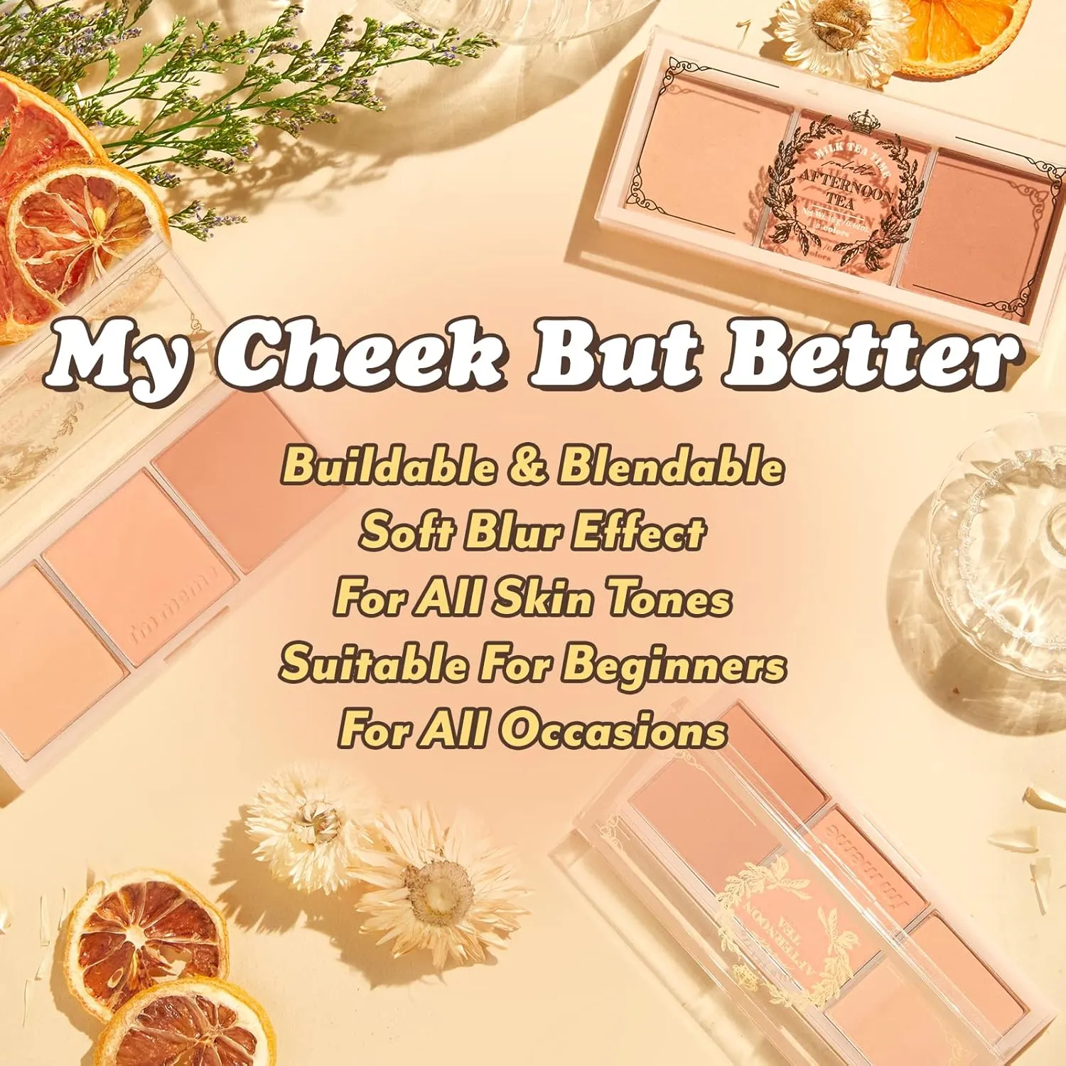 I'M MEME Blusher Palette - Afternoon Tea_Milk Tea Time | Soft Pink, Peach, Lavender, 3 Shades Palette, Matte Powder, Face & Cheeks, For All Skin Tones, Powdery Finish, Mother's Day, 0.4 Oz