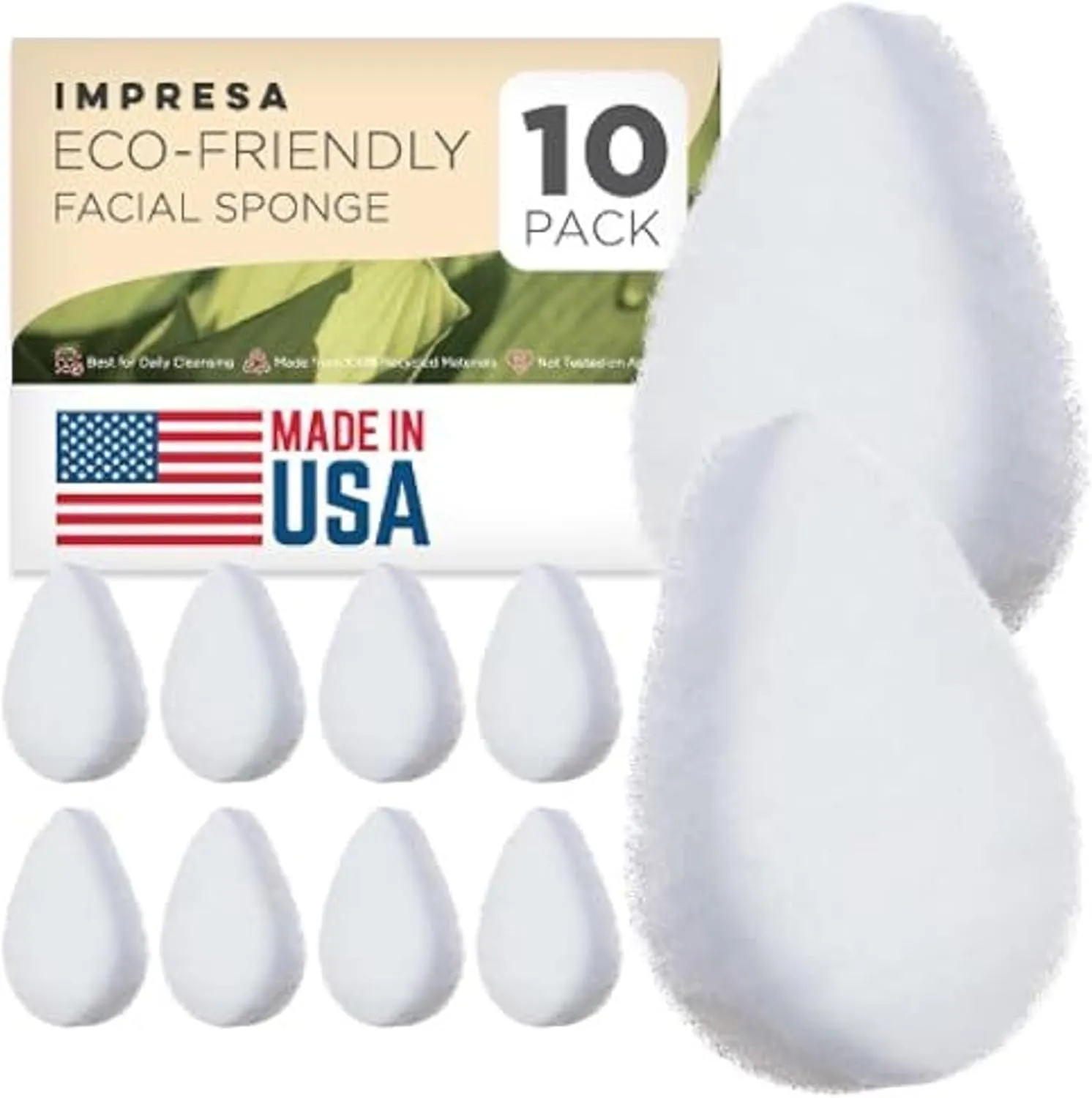 Impresa [10 Pack] Facial Sponges for Cleansing and Exfoliating - Natural Facial Scrubber Exfoliator for Your Skincare Routine, Made from Recycled Materials - Made in USA