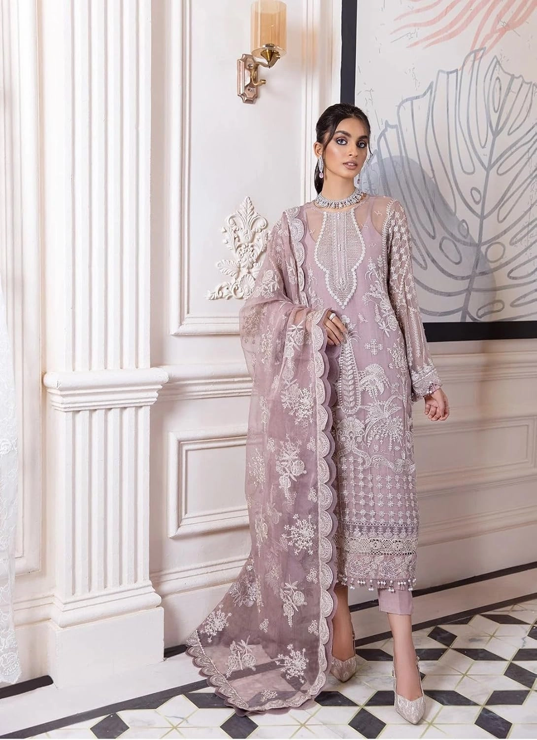 Indian Pakistani Salwar Kameez Pant Suit Embroidery Dresses for Eid Ramadan Festive Party - Kurta, Pant and Dupatta