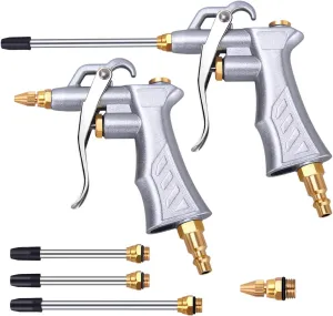 Industrial Air Blow Gun with Brass Adjustable Air Flow Nozzle and 2 Steel Air flow Extension, Pneumatic Air Compressor Accessory Tool Dust Cleaning Air Blower Gun-2 Pack
