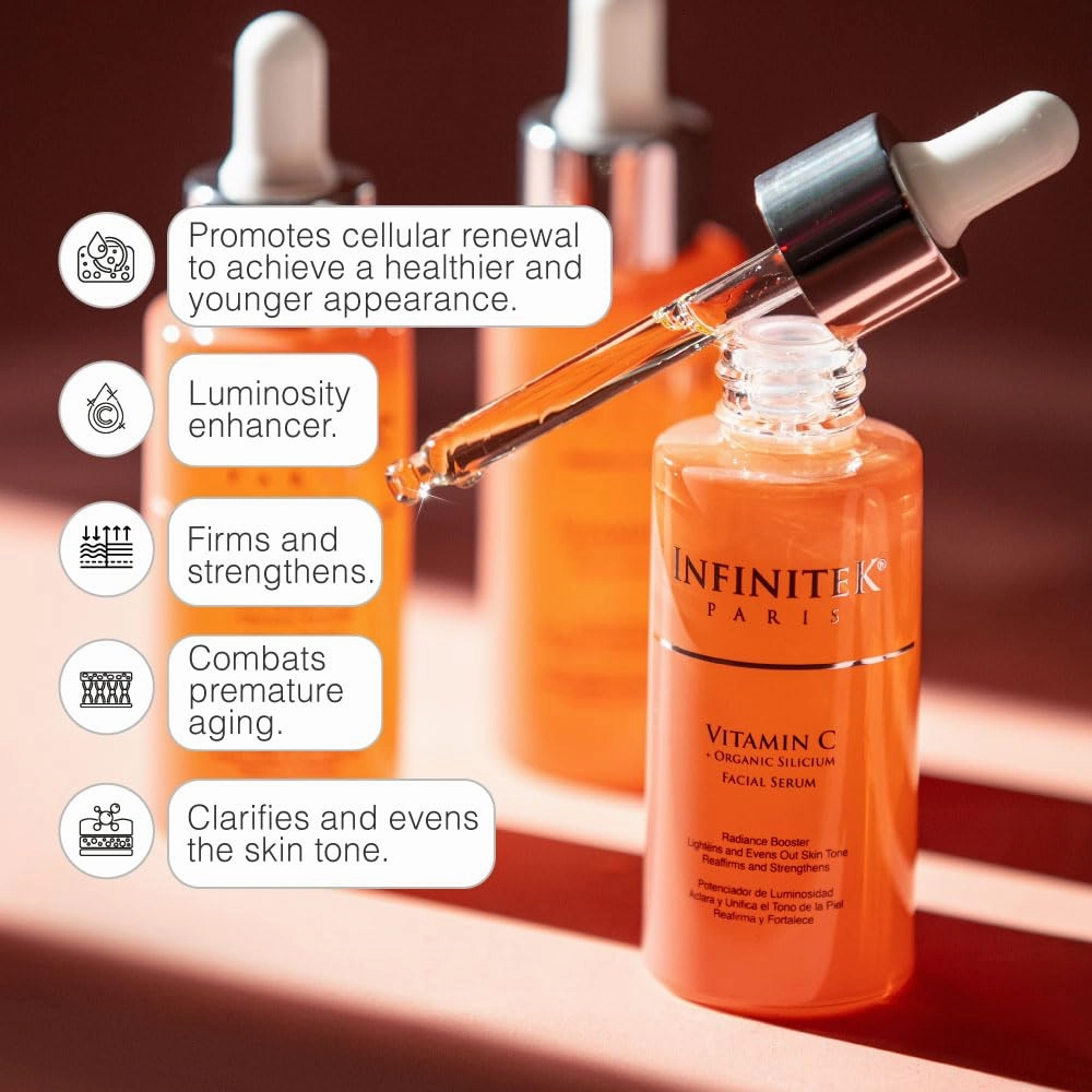 Infinitek Paris Vitamin C Face Serum - Hydrating and Brightening Antioxidant Skincare with Green Tea and Ginseng - Premium Vitamin C Facial Serum with Hyaluronic Acid for Radiant Skin and Anti Aging