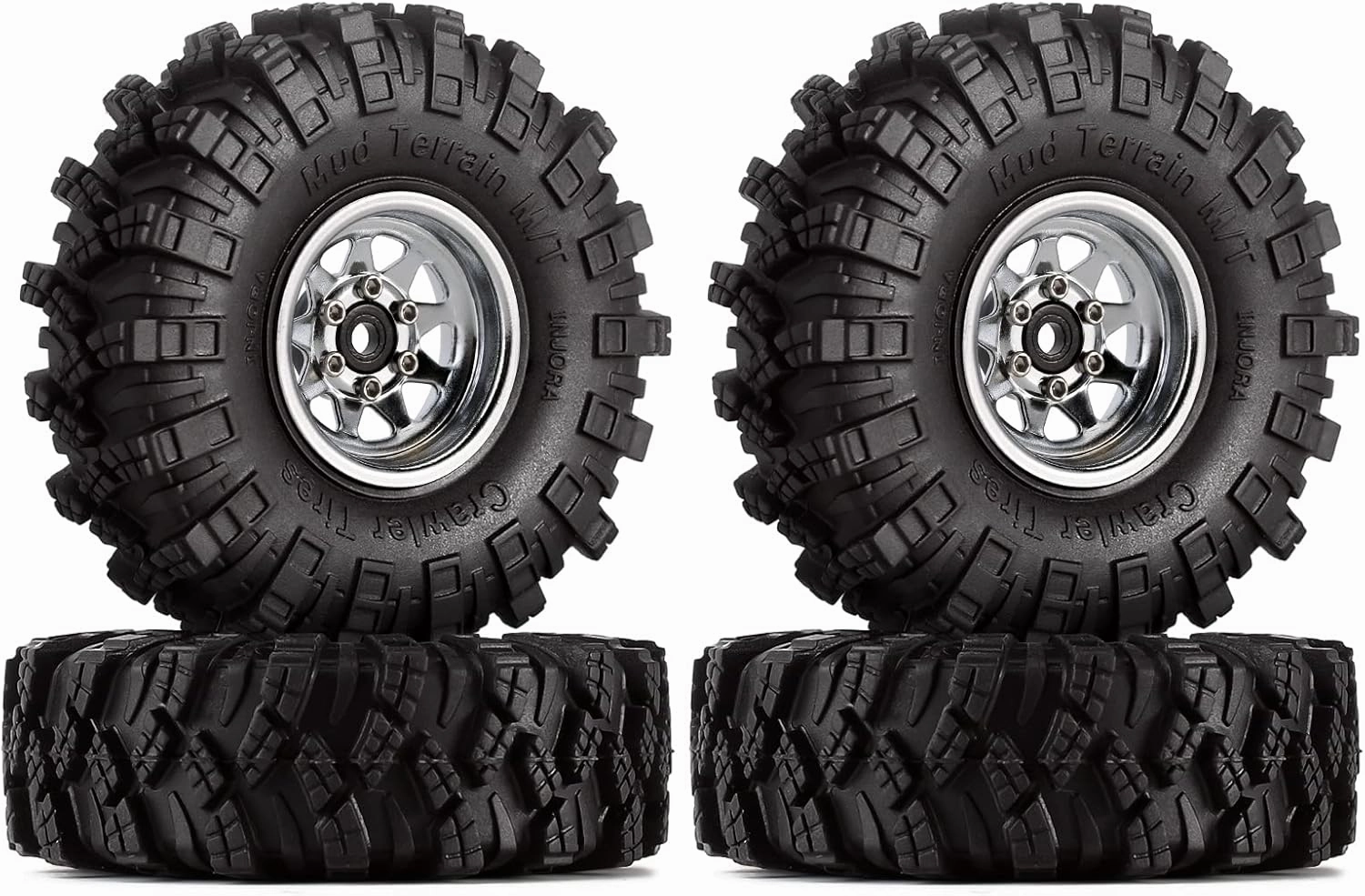INJORA 1.0 Beadlock Wheel Mud Tires Set Deep Dish 1.0" Wheels Tires for 1/18 TRX4M Axial AX24 SCX24 Gladiator Deadbolt Bronco C10 JLU Upgrade Parts(Silver)