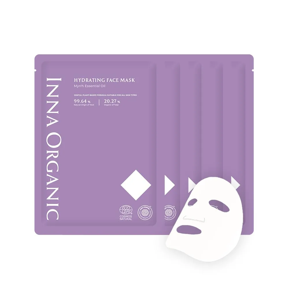 INNA ORGANIC Sheet Mask - Hydrating & Long Lasting Moisturizing, EWG & COSMOS Certified (Pack of 5) | Myrrh Essential Oils Infused Skin Care | Luxury Clean Beauty