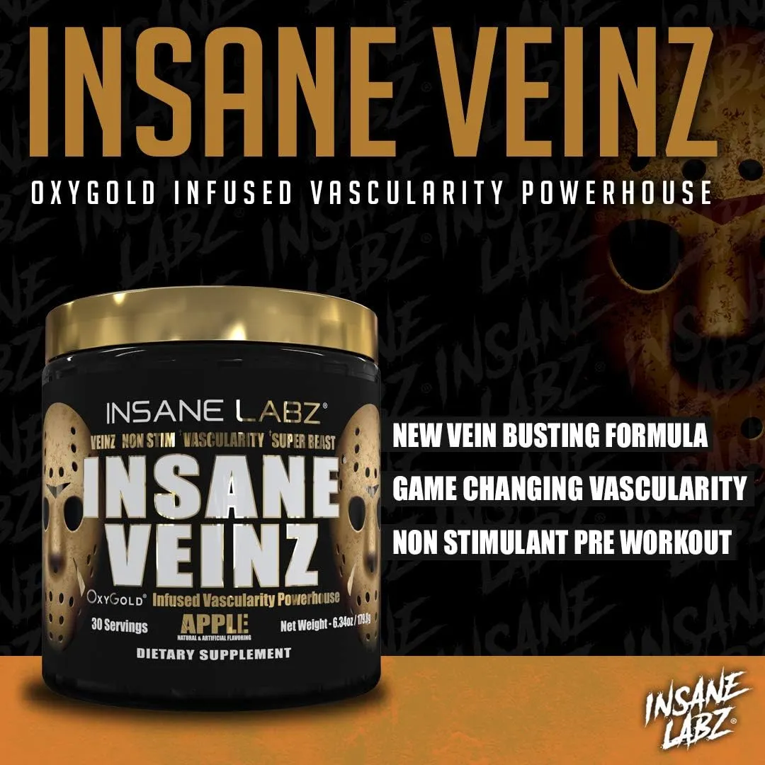Insane Labz Insane Veinz Gold, Nitric Oxide Non Stimulant pre Workout Powder, Loaded with Hydromax, Nitrosigine, Increases Vascularity and Blood Flow, 30 Srvgs, Fruit Punch