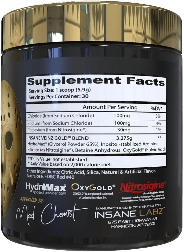 Insane Labz Insane Veinz Gold, Nitric Oxide Non Stimulant pre Workout Powder, Loaded with Hydromax, Nitrosigine, Increases Vascularity and Blood Flow, 30 Srvgs, Fruit Punch