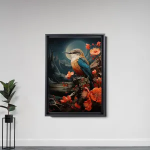 Intricate Pen Illustration of a Hummingbird on a Black Board, Dark Red and Light Emerald Palette, Canvas, Art Print