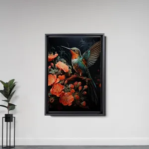 Intricate Pen Illustration of a Hummingbird on a Black Board, Dark Red and Light Emerald Palette, Canvas Prints, Art Print