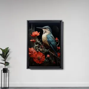 Intricate Pen Illustration of a Hummingbird on a Black Board, Dark Red and Light Emerald Palette, Canvas, Wall Decor