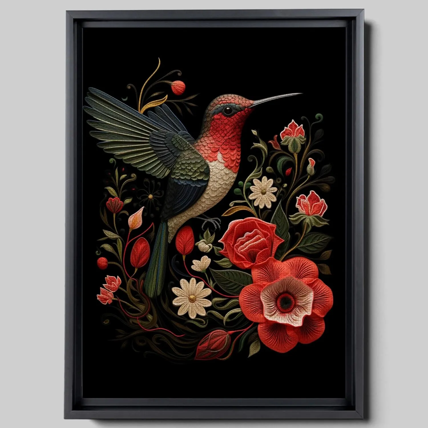 Intricate Pen Illustration of a Hummingbird on a Black Board, Dark Red and Light Emerald Palette, Decor Canvas, Anniversary Gift, Decor