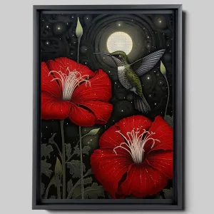 Intricate Pen Illustration of a Hummingbird on a Black Board, Dark Red and Light Emerald Palette, Wall Art, Canvas Wall, Arts