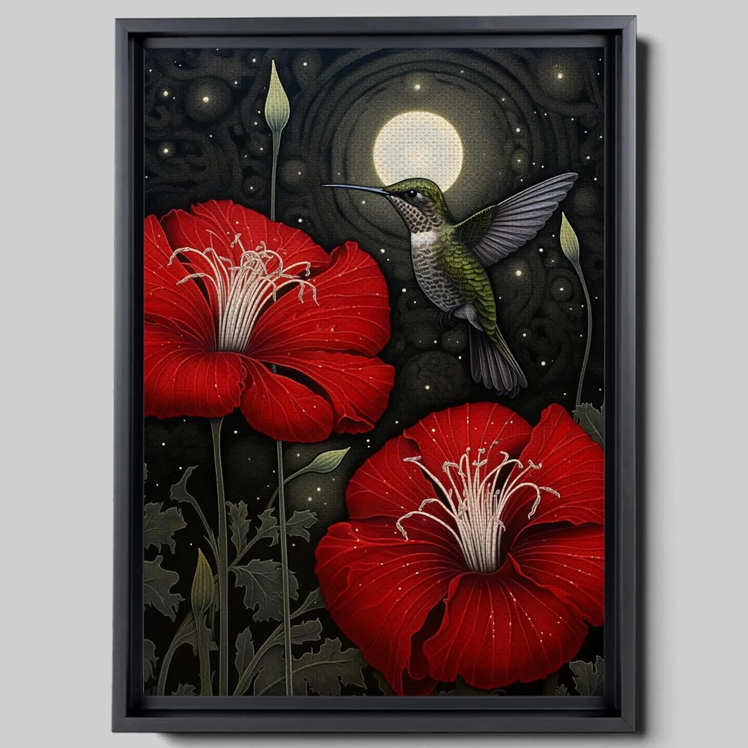Intricate Pen Illustration of a Hummingbird on a Black Board, Dark Red and Light Emerald Palette, Wall Art, Canvas Wall, Arts