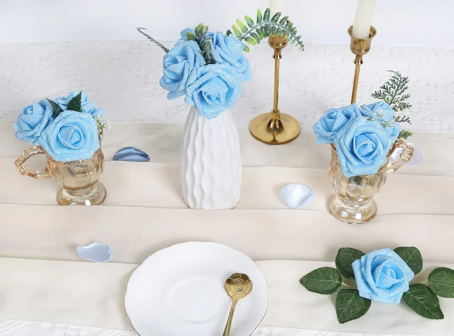 IPOPU Artificial Glitter Roses, 25pcs Foam Glitter Roses Glitter Flowers Foam Rose with Stem for DIY Wedding Bridal Bouquet Home Party Decoration(Light Blue)