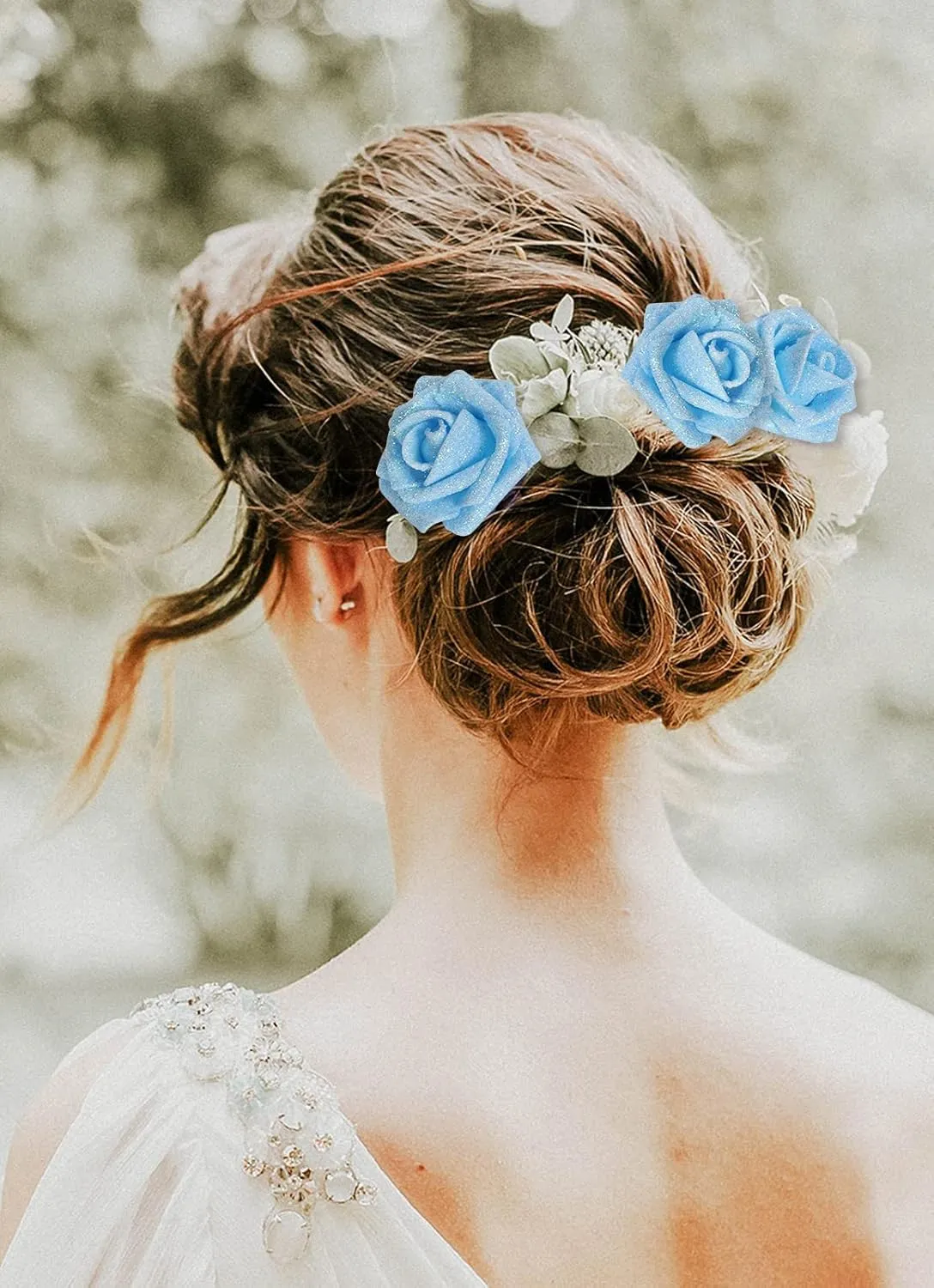 IPOPU Artificial Glitter Roses, 25pcs Foam Glitter Roses Glitter Flowers Foam Rose with Stem for DIY Wedding Bridal Bouquet Home Party Decoration(Light Blue)