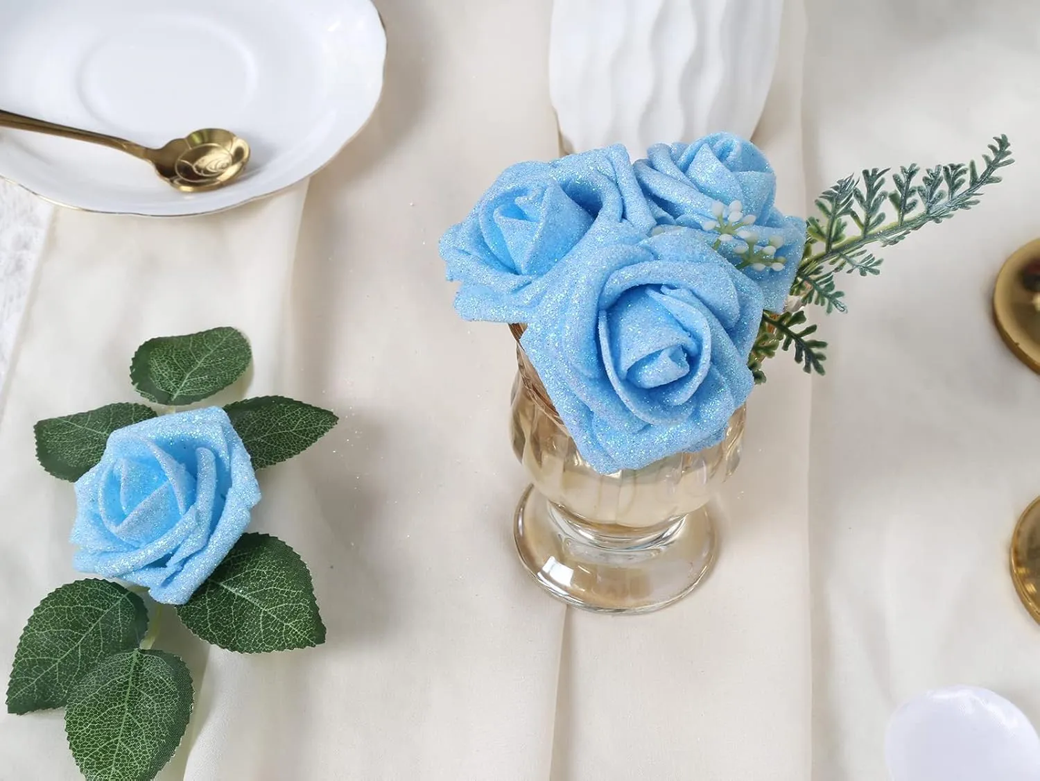 IPOPU Artificial Glitter Roses, 25pcs Foam Glitter Roses Glitter Flowers Foam Rose with Stem for DIY Wedding Bridal Bouquet Home Party Decoration(Light Blue)