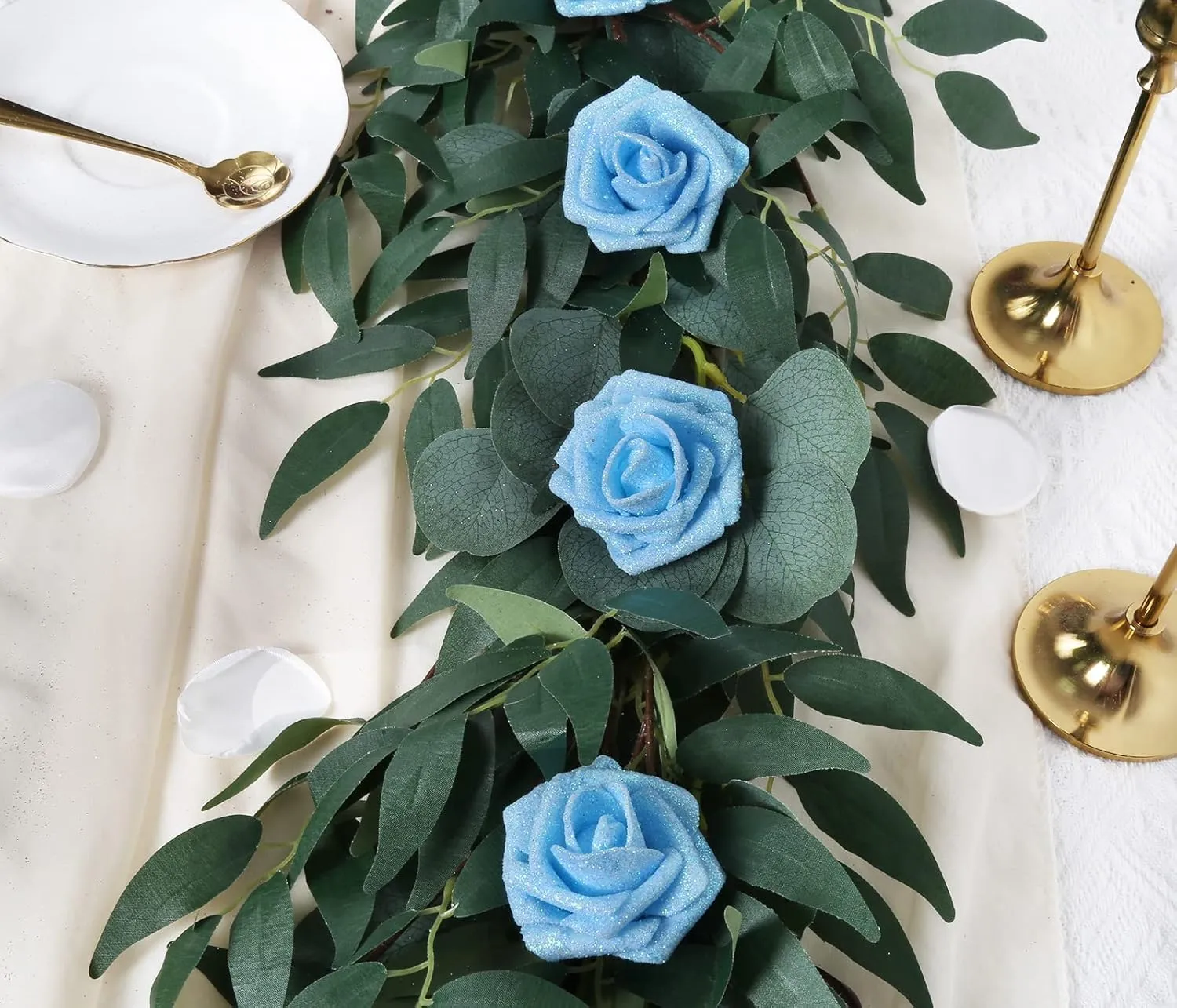 IPOPU Artificial Glitter Roses, 25pcs Foam Glitter Roses Glitter Flowers Foam Rose with Stem for DIY Wedding Bridal Bouquet Home Party Decoration(Light Blue)