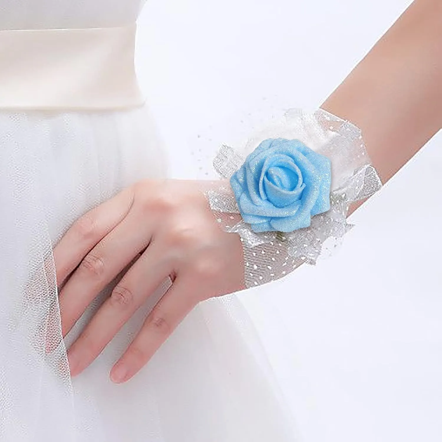 IPOPU Artificial Glitter Roses, 25pcs Foam Glitter Roses Glitter Flowers Foam Rose with Stem for DIY Wedding Bridal Bouquet Home Party Decoration(Light Blue)